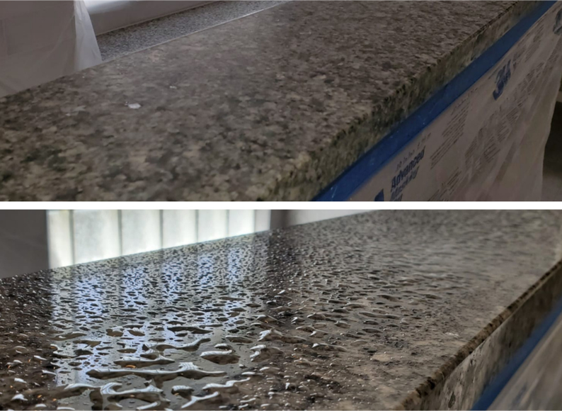 A before and after photo of a granite counter top