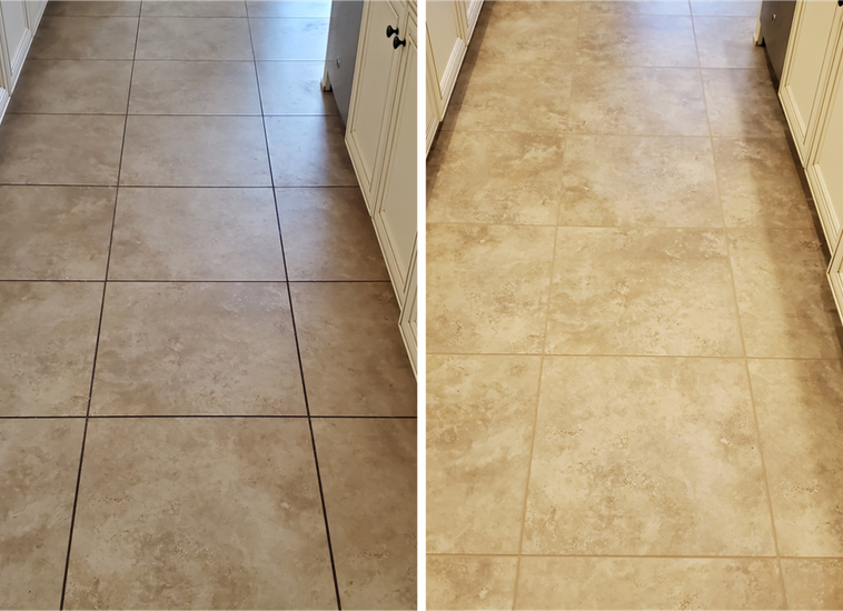 A before and after photo of a tiled floor