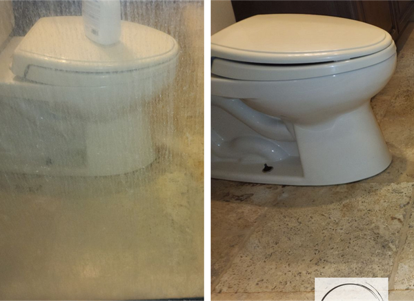 A before and after picture of a toilet in a bathroom