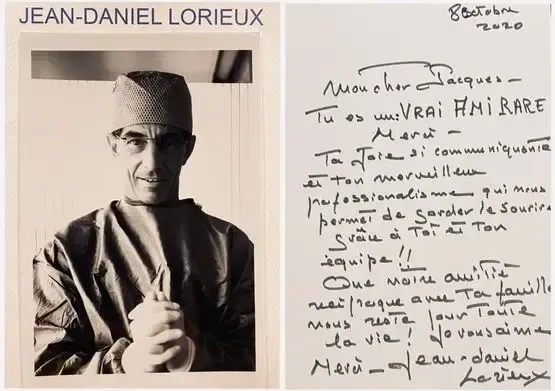 Une photo en noir et blanc d'un chirurgien à côté d'une lettre manuscrite