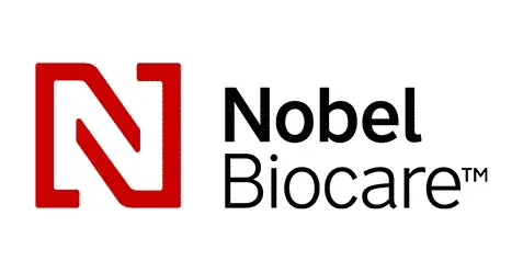 Le logo nobel biocare est rouge et noir sur fond blanc.