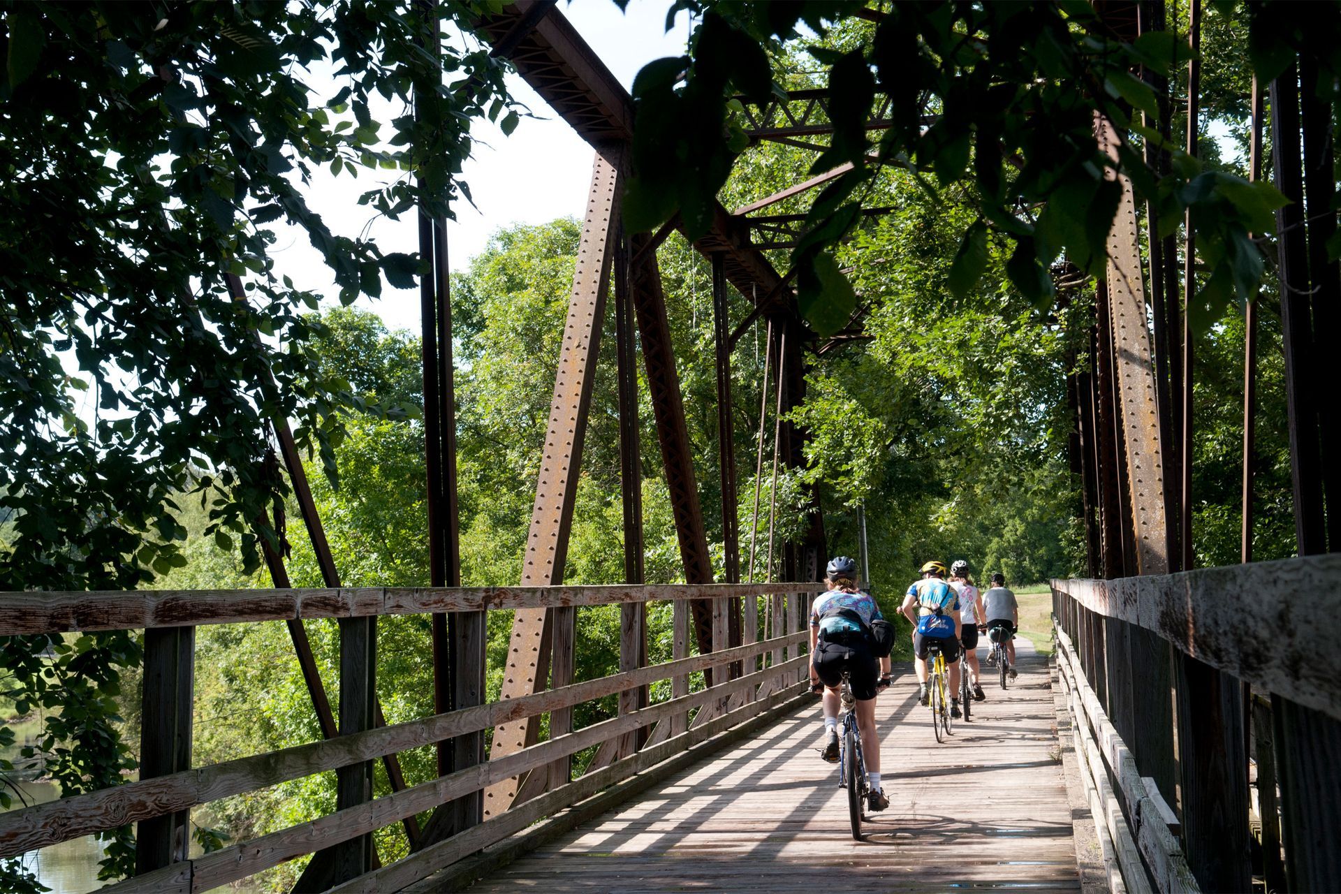 Cyclists riding bikes on a bridge with a metal frame, surrounded by green trees on a sunny day.
