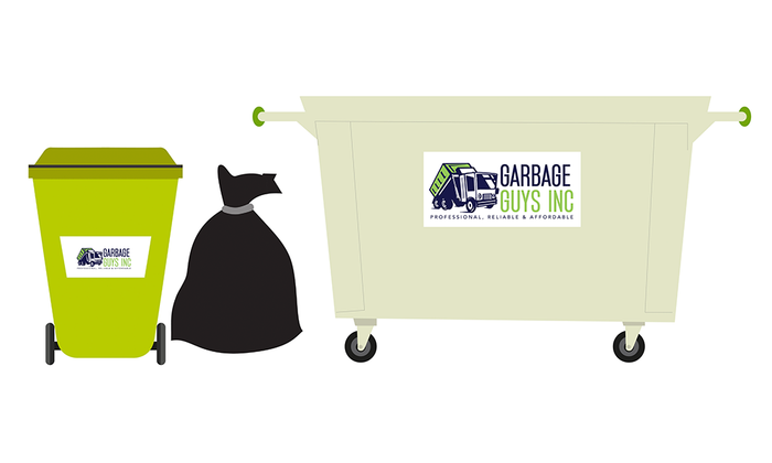 A green trash can and a white dumpster with a black bag.