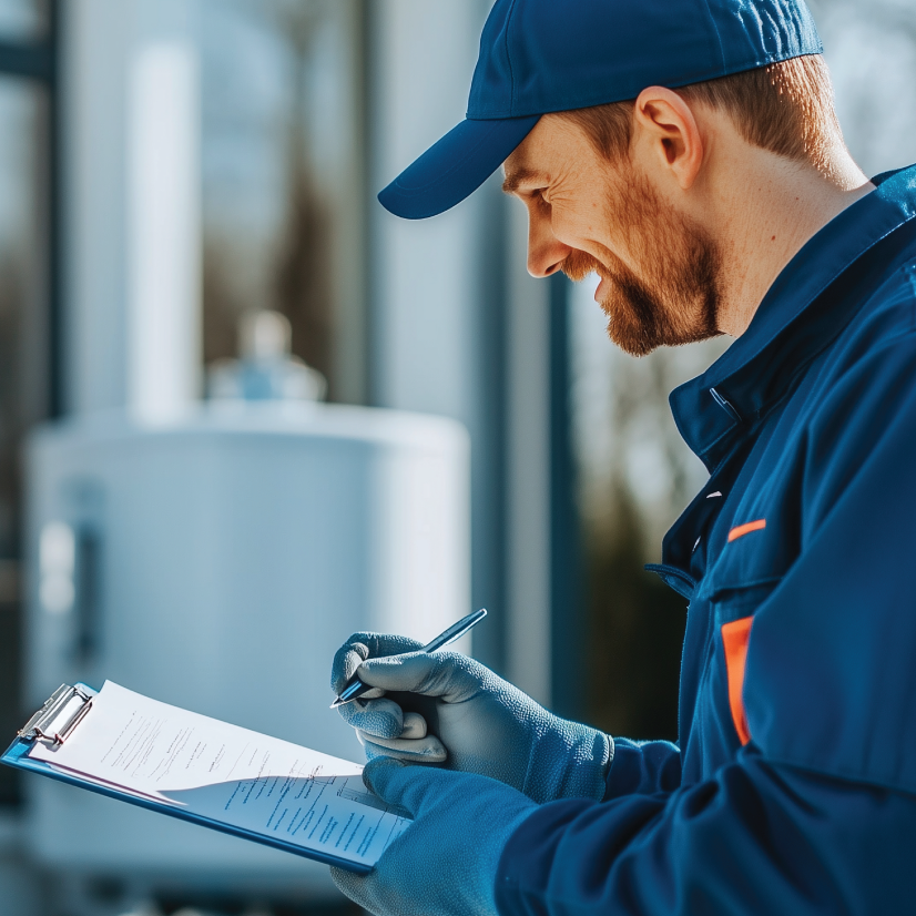 A man in a blue hat is writing on a clipboard
