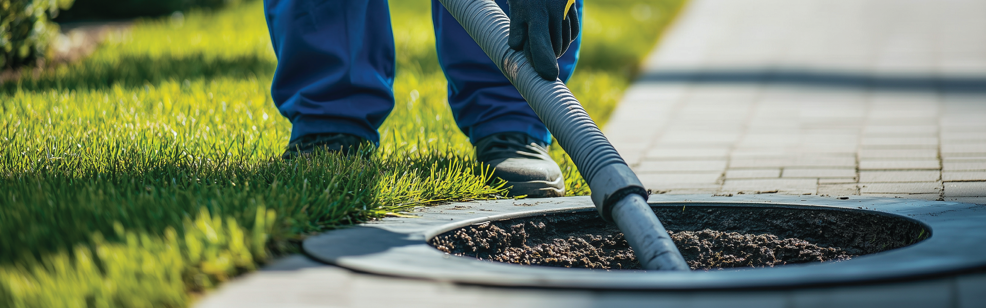 A man is using a vacuum cleaner to clean a manhole cover.