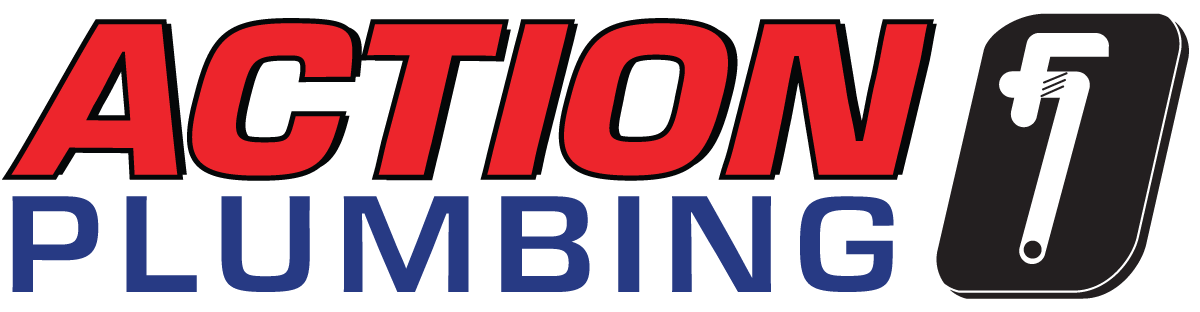 The logo for action plumbing is red , blue and black.