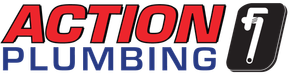 The logo for action plumbing is red , blue and black.