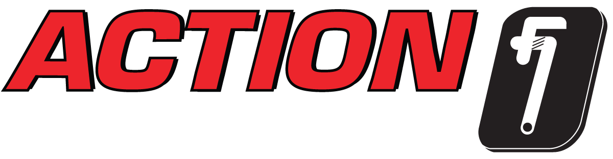A red and black logo for Action Plumbing on a white background.