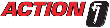 A red and black logo for Action Plumbing on a white background.