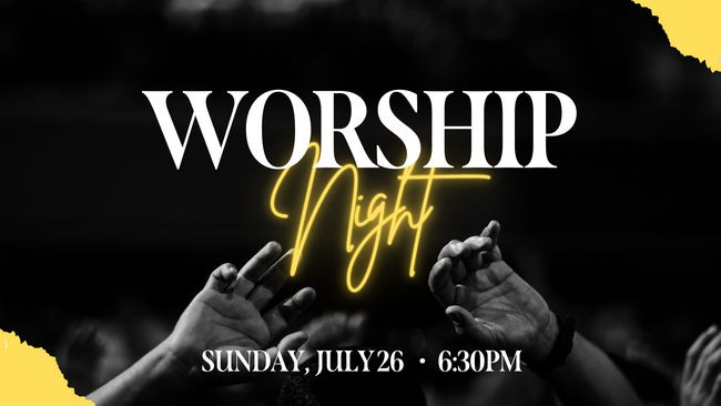 Worship Night event poster with raised hands, white and gold text, and date/time details on black background