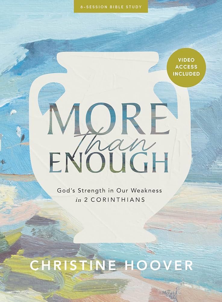 Book cover: white pitcher on blue watercolor background, titled “More Than Enough” by Christine Hoover.