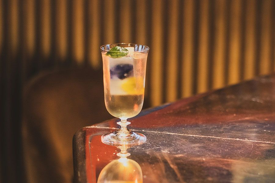 A stemmed glass with a floral ice cube, mint garnish, and a light-colored drink sits on a polished wooden bar.