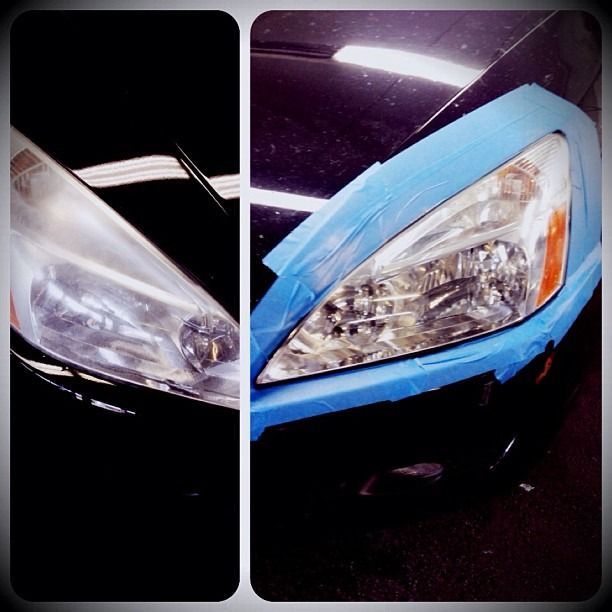 Headlight restoration: before and after. One headlight is cloudy, other is clear and taped off.