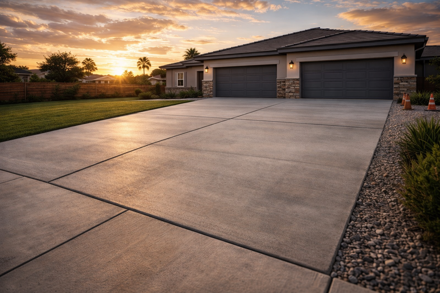 Concrete driveway leads to a two-car garage at sunset.