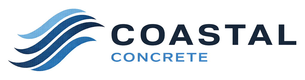 Coastal Concrete logo with blue wave graphic and text.