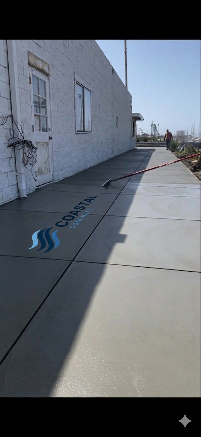 Man leveling wet concrete with a screed in outdoor setting.