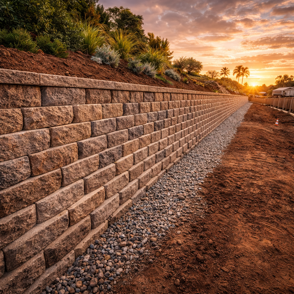 Retaining wall made of tan blocks on a hillside, with gravel drainage, lit by a sunset.