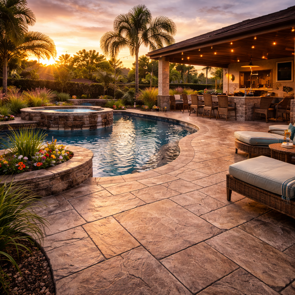 Patio with pool, hot tub, outdoor bar, and palm trees at sunset.