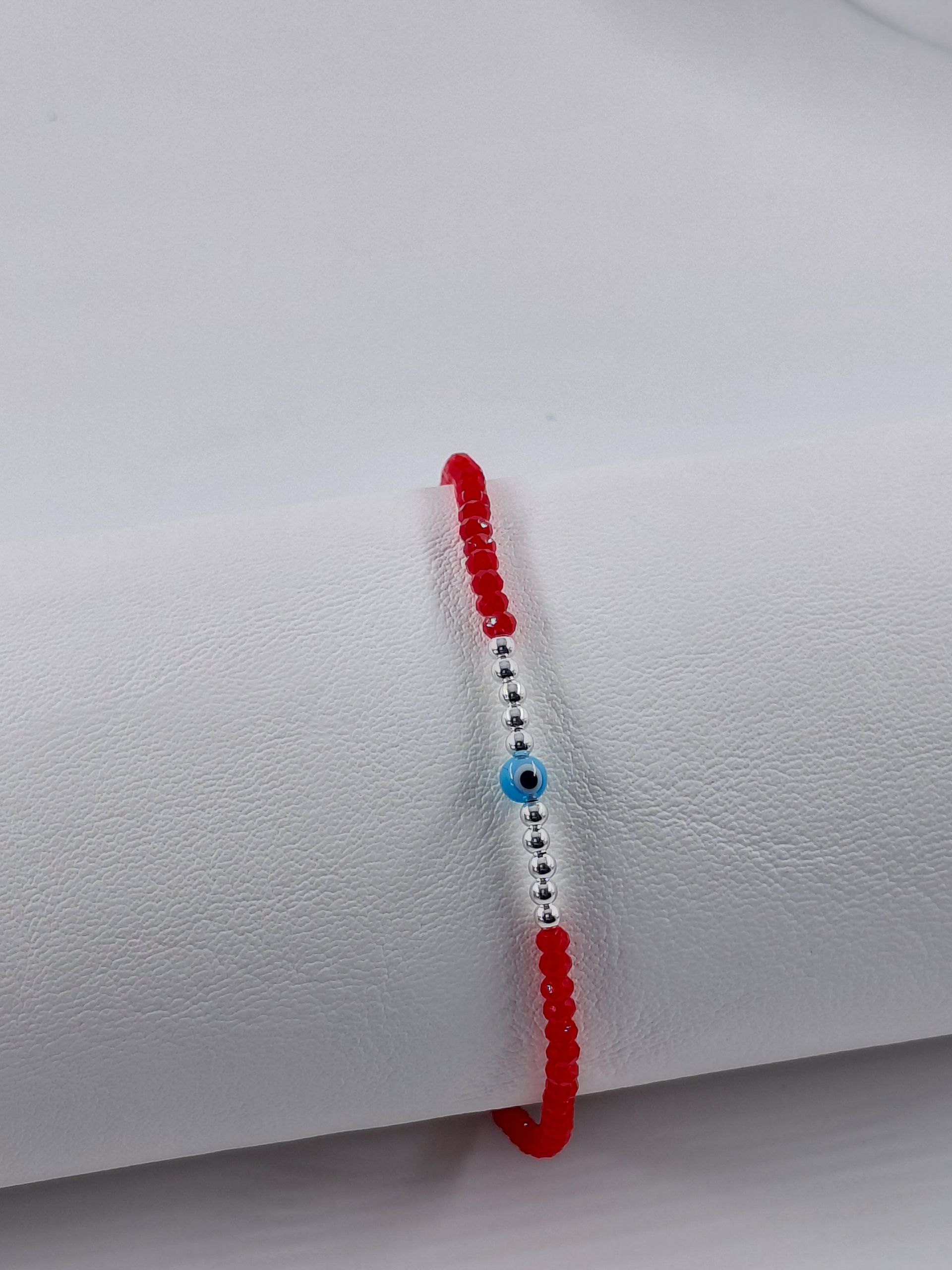 Pulsera Cristal de Murano Roja con Bolitas y ojo turco 3mm Ajustable de