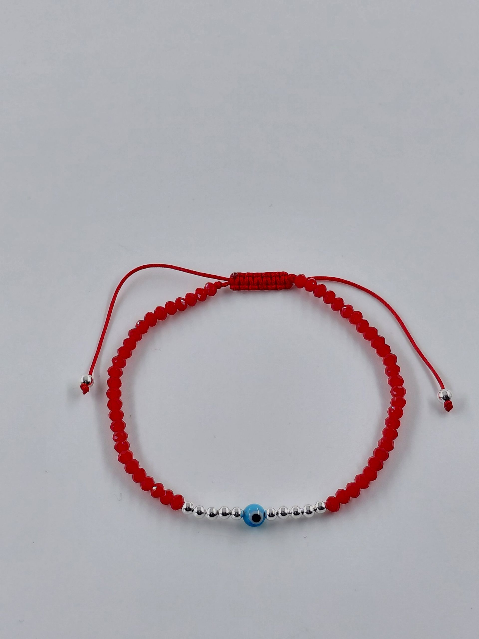 Pulsera Cristal de Murano Roja con Bolitas y ojo turco 3mm Ajustable de