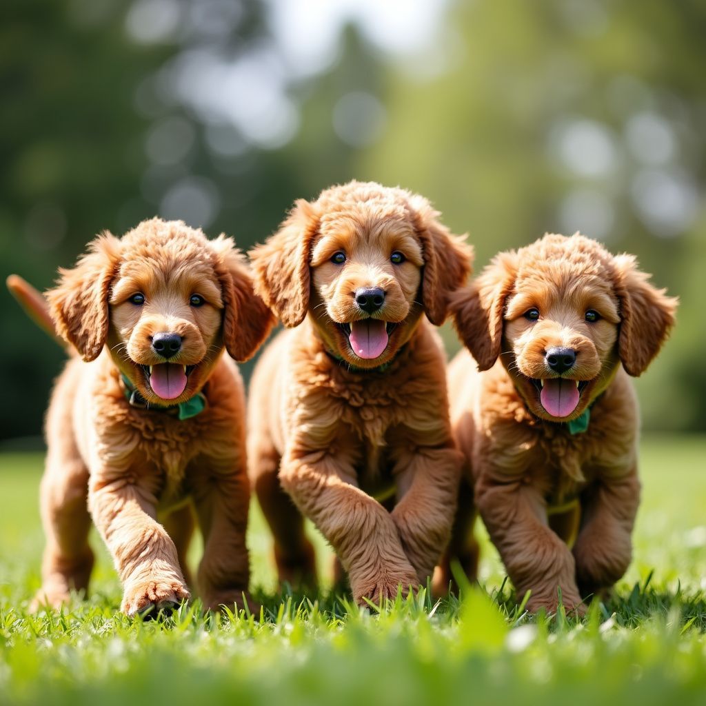 Three apricot standard poodle puppies running on grass