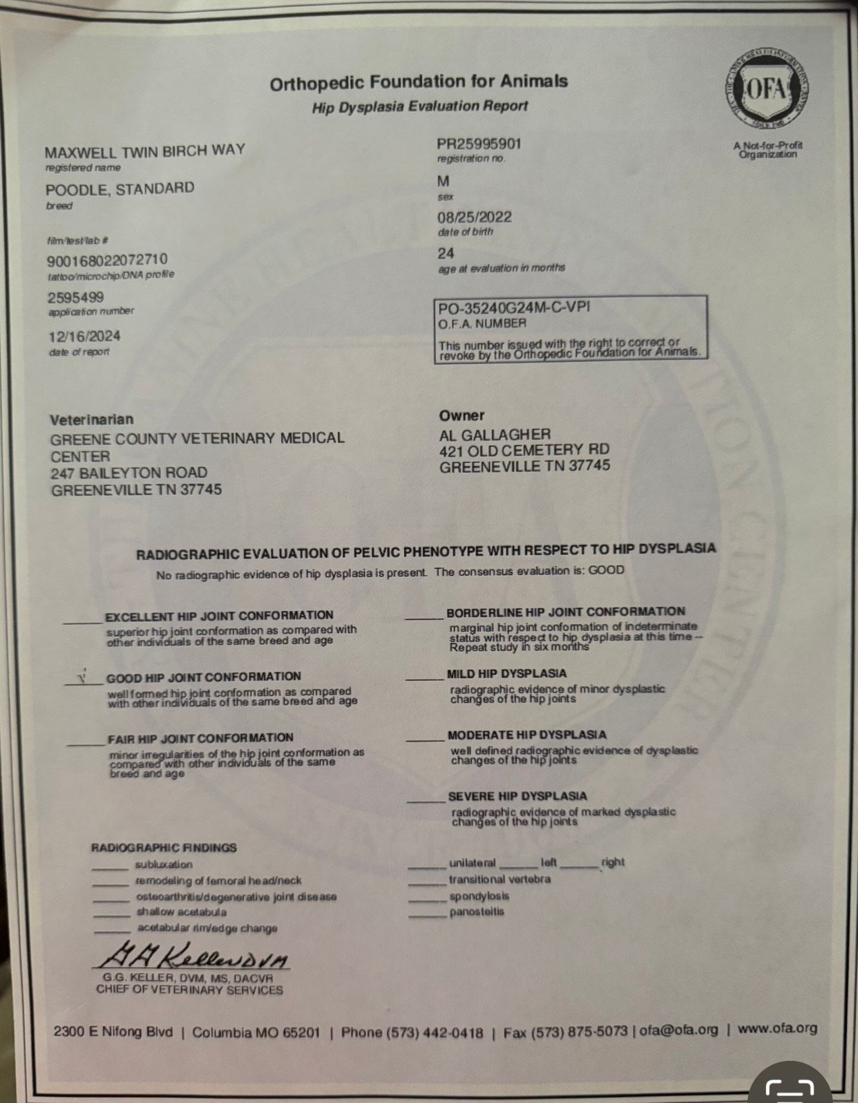 A certificate from the ofa canine health information center