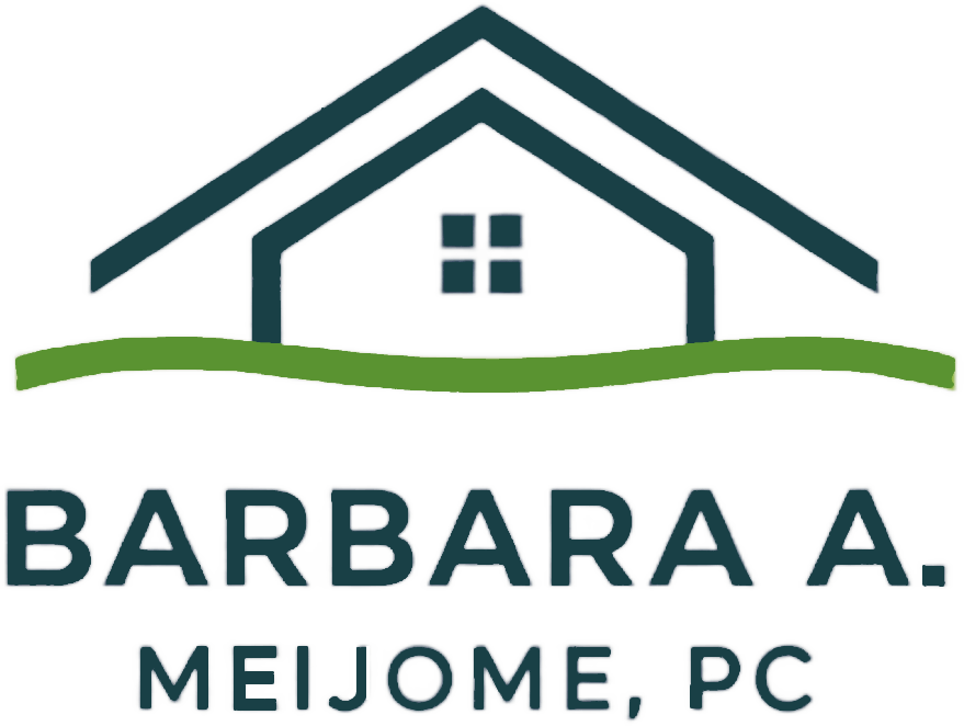 Logo of Barbara A. Mejome, PC: a house shape with a green leaf on top; dark teal and green colors; text below.