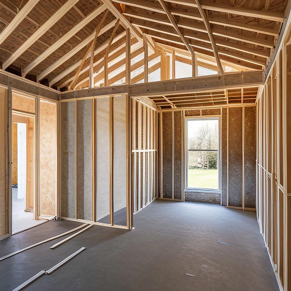 A room in a house under construction with wooden beams and a window.