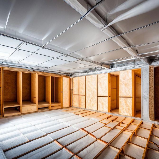 A large empty room with wooden walls and a ceiling.