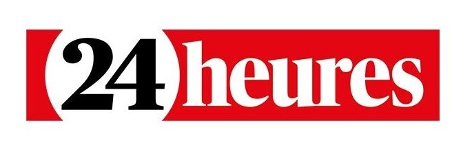 Le texte « 24 heures » en blanc et noir, sur un fond rectangulaire rouge.