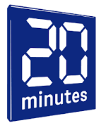 Un logo carré bleu affichant les chiffres blancs « 20 » au-dessus du mot « minutes » en caractères blancs sans empattement.