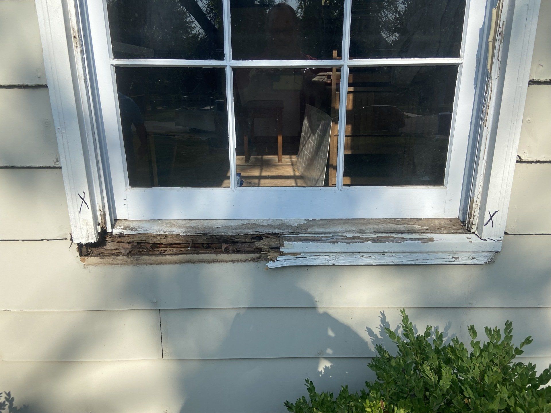 Blue & White Window with Wood Rot Before Fixed
