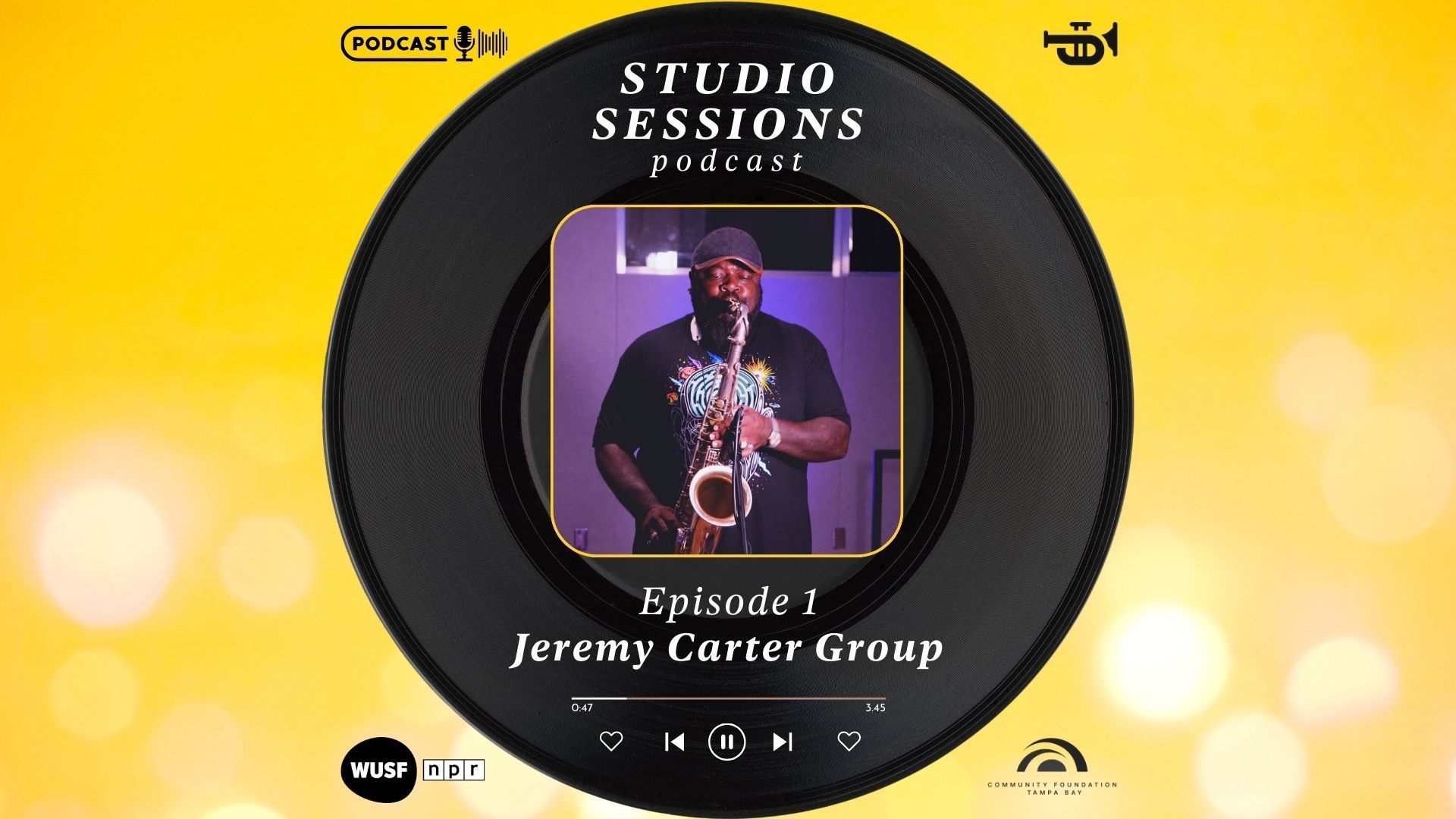 A man is playing a saxophone in a studio sessions podcast