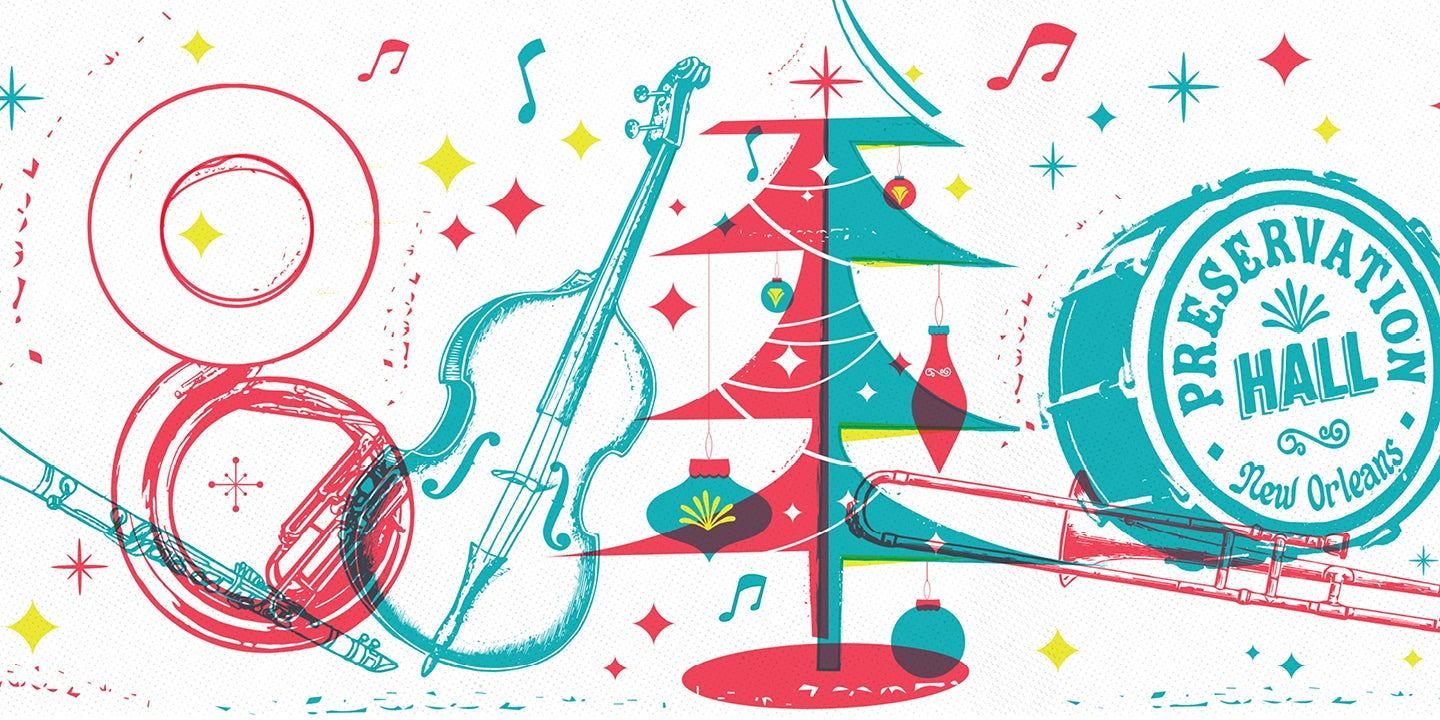 An illustration of a violin , cello , and christmas tree with a stamp that says preservation hall