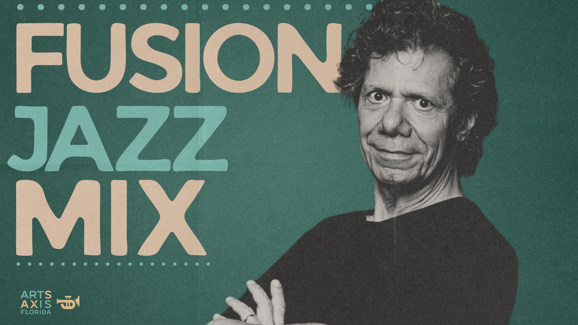 A man with arms crossed, promoting a Fusion Jazz Mix on a green background.