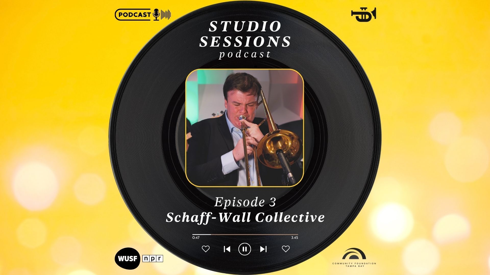 A man is playing a saxophone on a studio sessions podcast cover