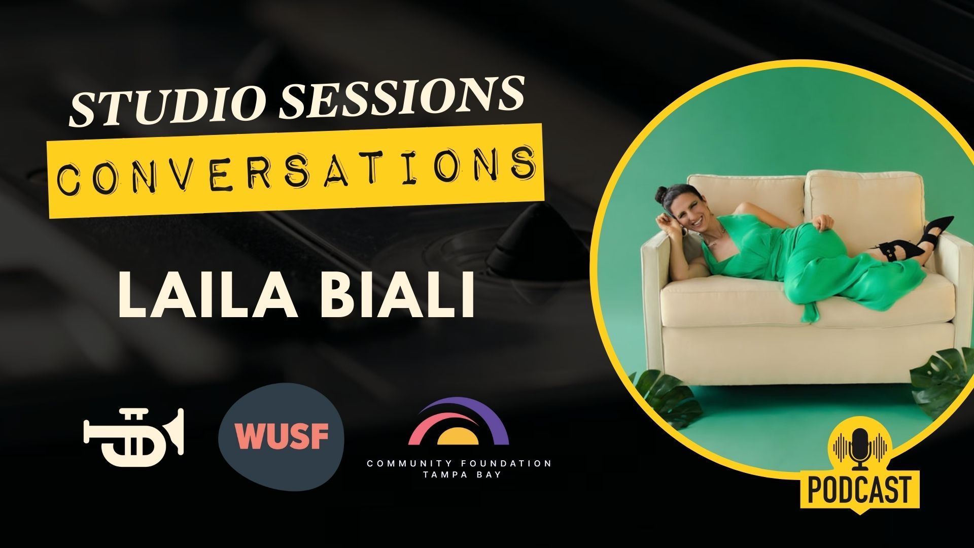 Woman in green dress on a beige couch, podcast graphic, with text 