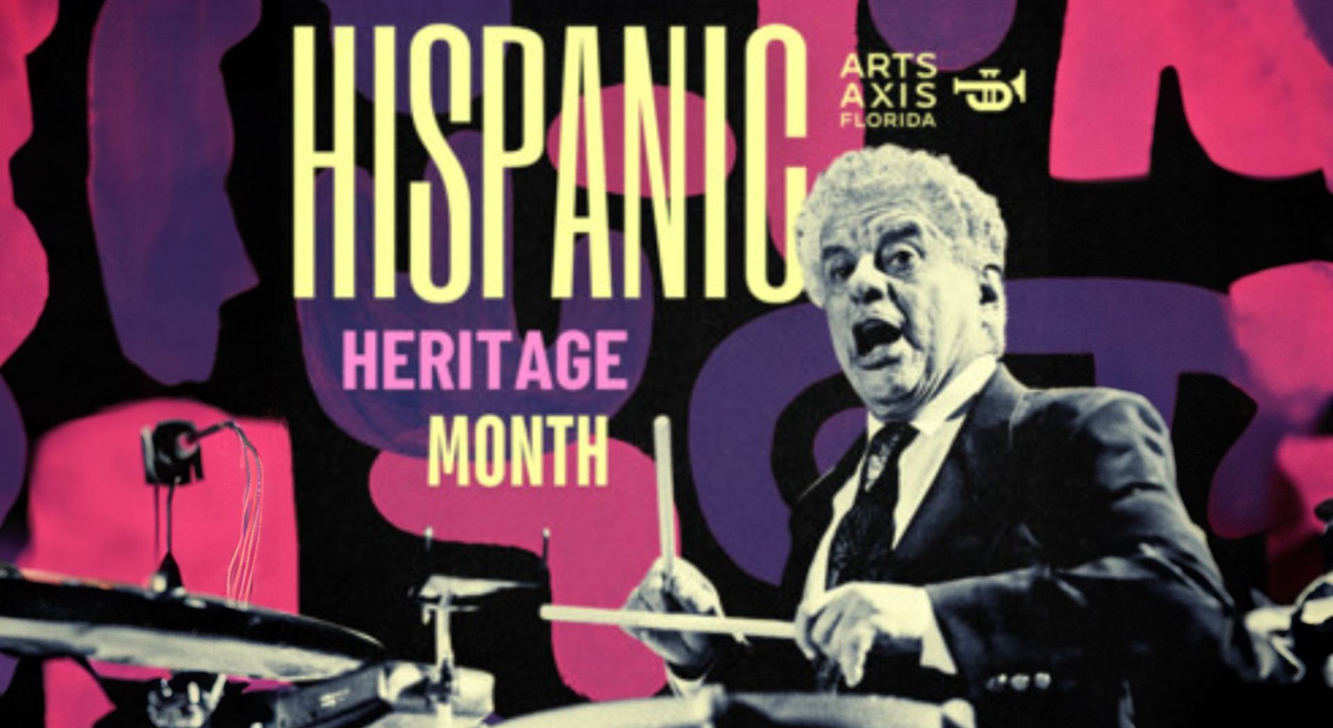 A poster for hispanic heritage month with a man playing drums
