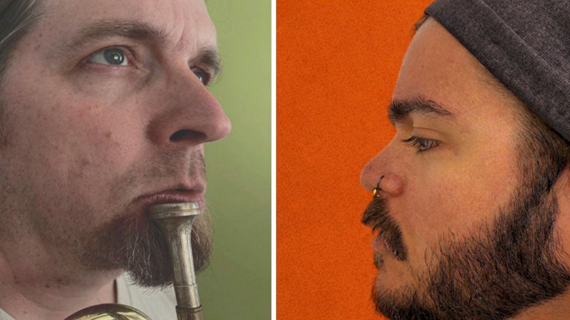 A split-screen showing a person playing a trumpet on the left and another person with a nose ring on the right.