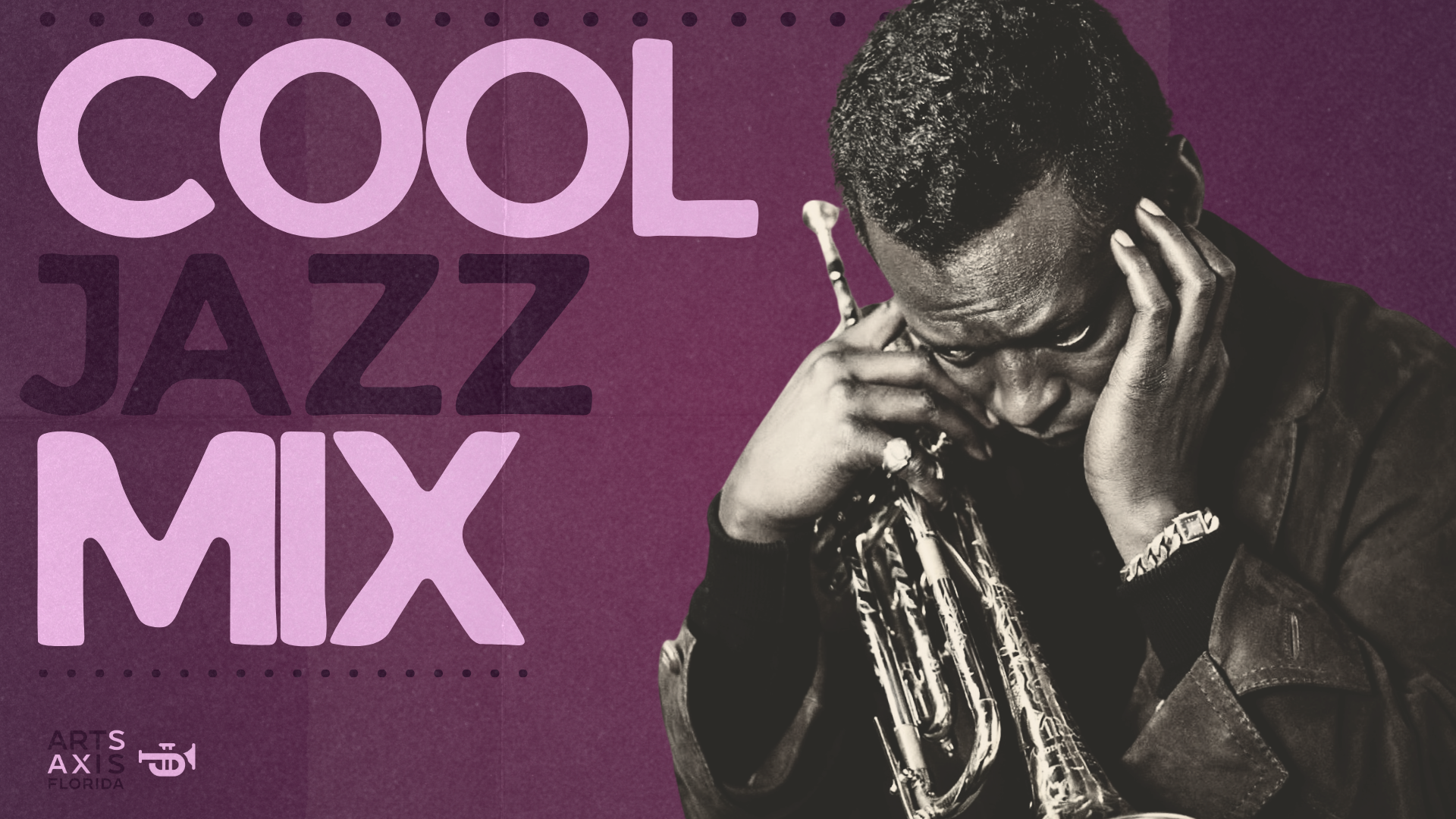 Miles Davis with a trumpet, text: 