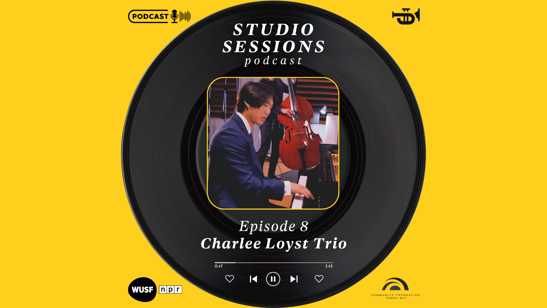 A man in a suit is playing a piano on a studio sessions podcast