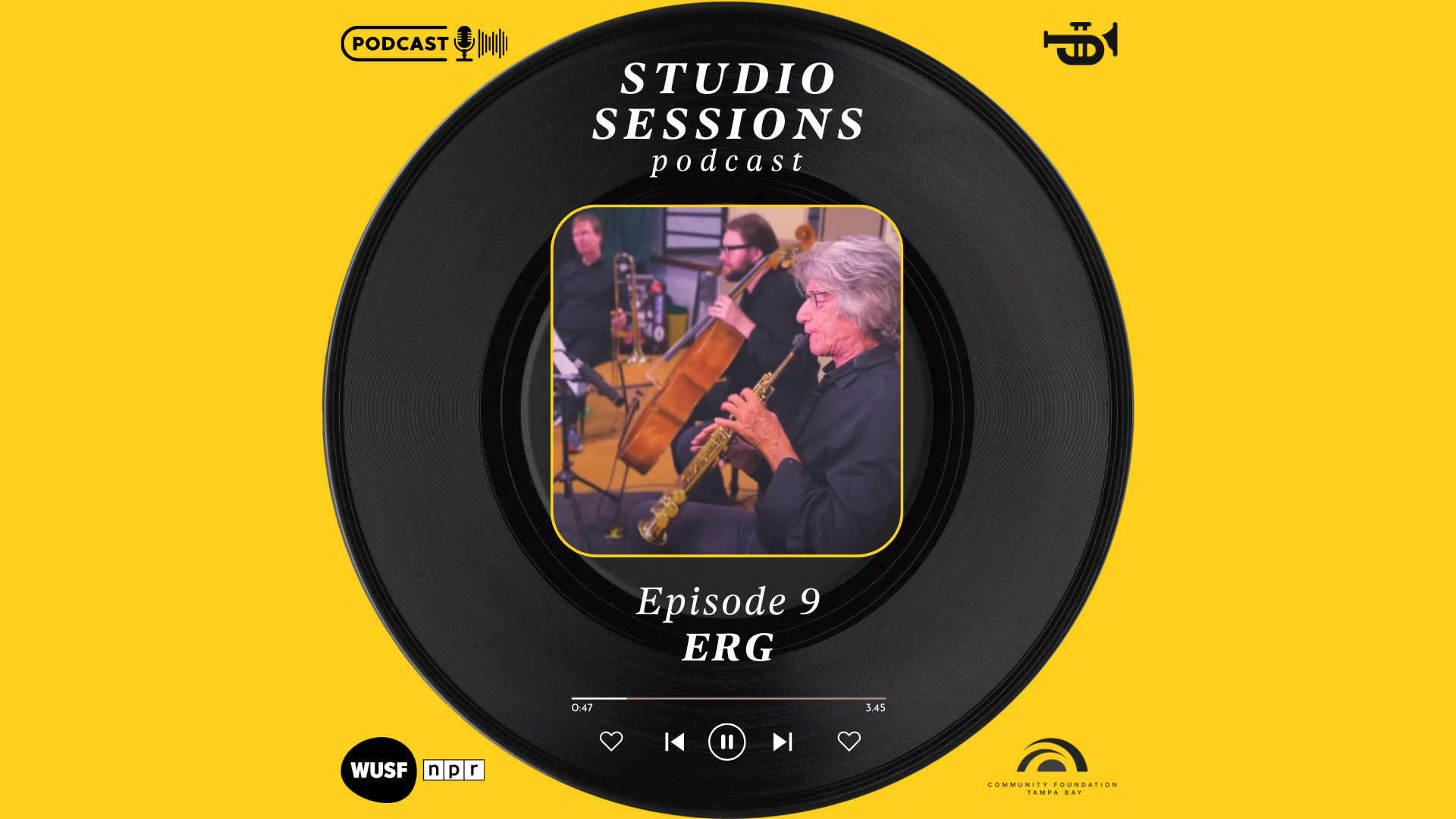 A yellow background with a black circle that says studio sessions podcast