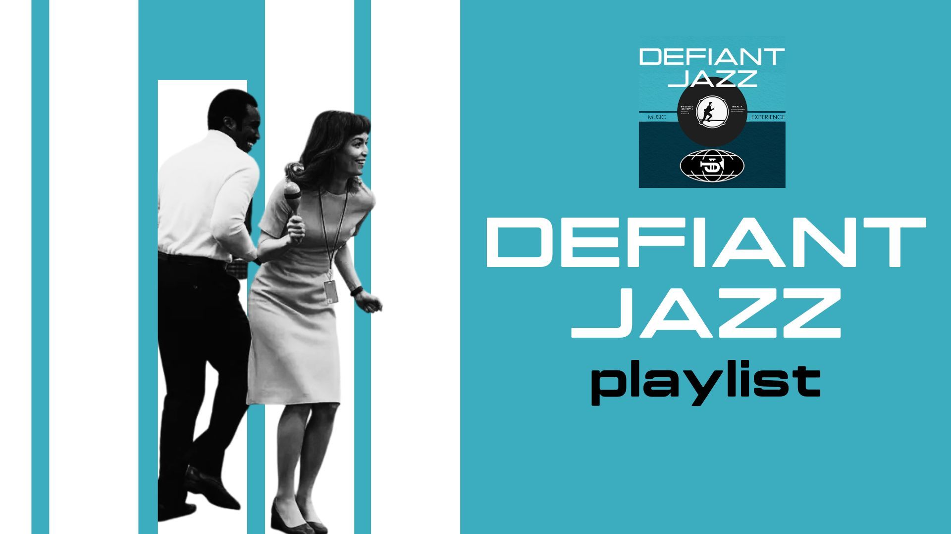 A man and a woman are standing next to each other in front of a sign that says defiant jazz playlist