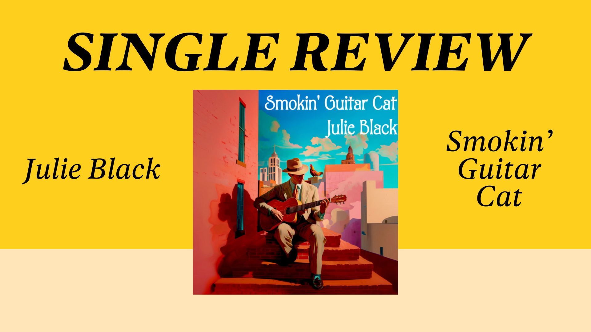 A man sitting on stairs playing a guitar with the words smokin ' guitar cat julie black above him
