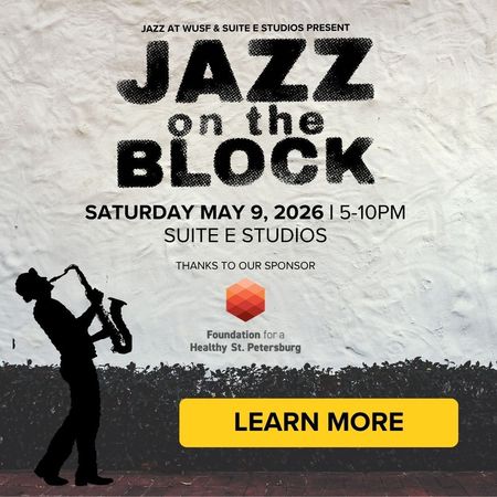 Jazz on the Block event poster with saxophonist silhouette, May 9, 2026, Suite E Studios, and Learn More button