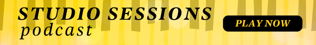 A yellow background with the words studio sessions podcast and a play now button