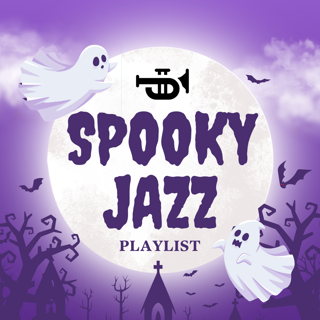 A spooky jazz playlist with ghosts and bats on a purple background