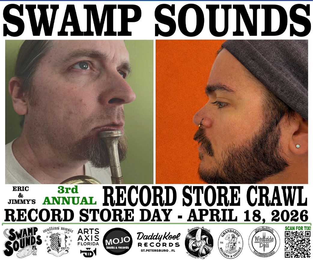 Record store crawl poster with two men, store logos, and event details: 