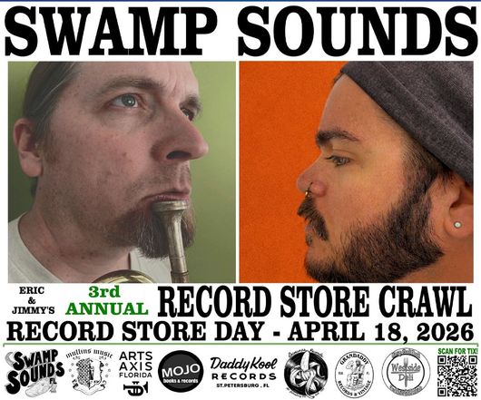Record store crawl poster with two men, store logos, and event details: 