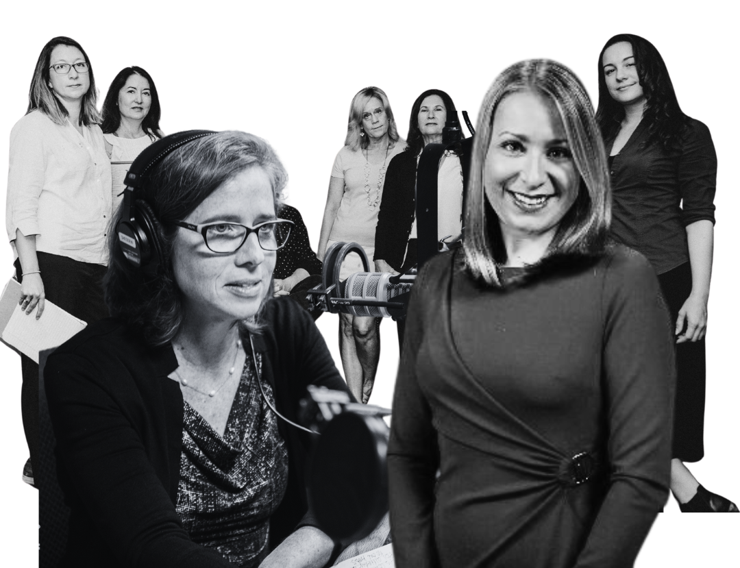 A group of women are standing next to each other in a black and white photo.